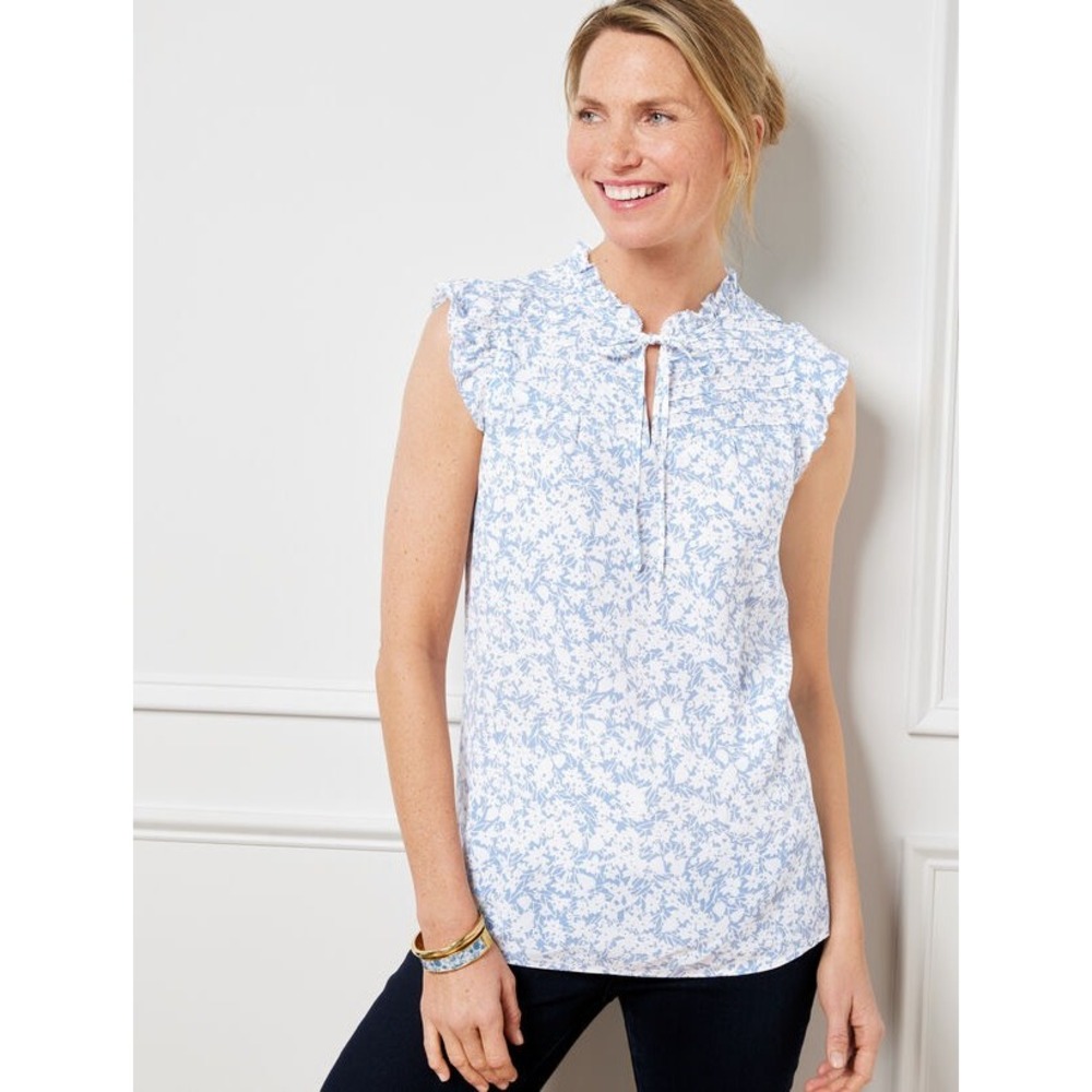 Talbots Women's Pintuck‎ Yoke Shell Silhouette Garden Blue Print Blouse M NWT